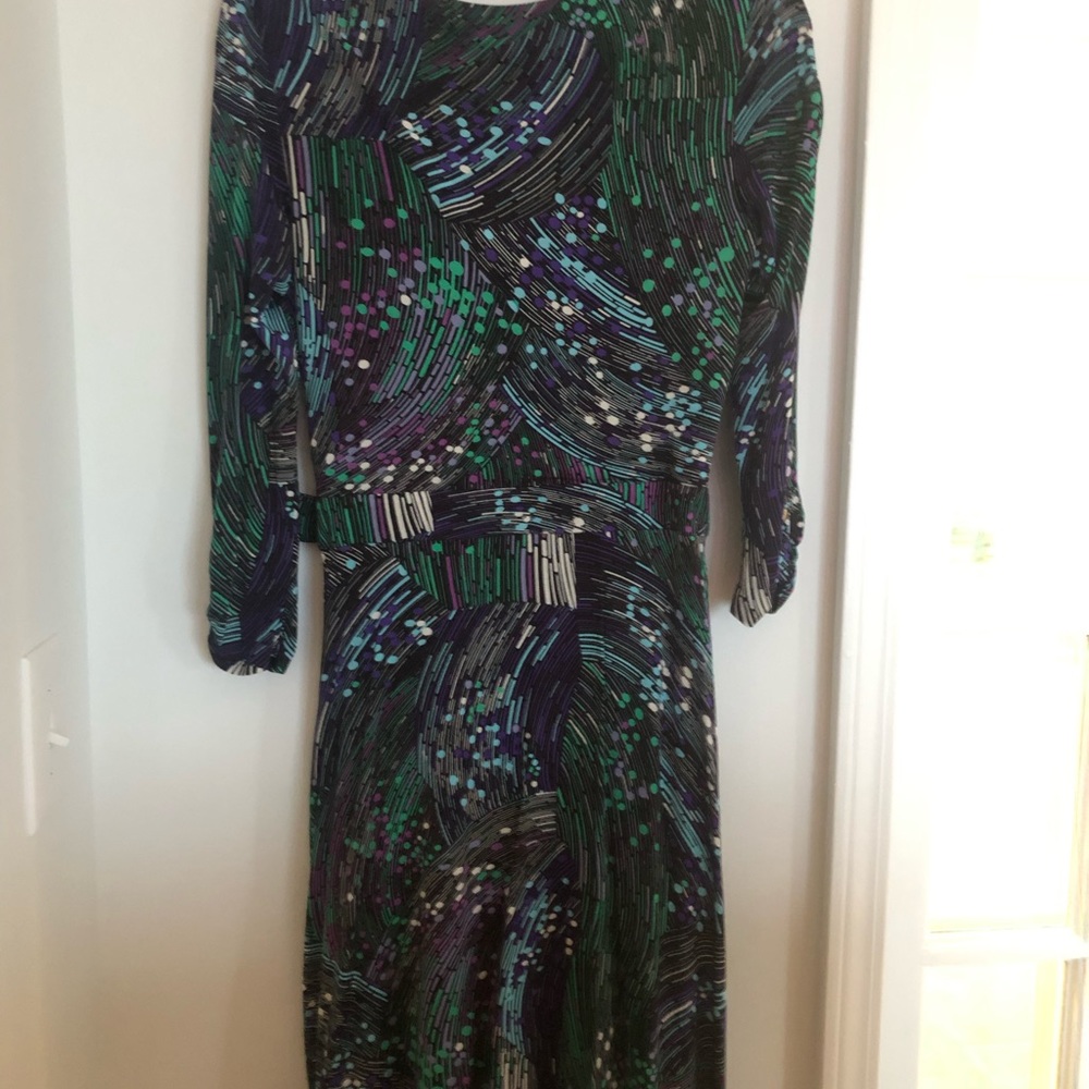 CACHE wrap dress; 3/4 “ sleeves, buckle waist to adjust. Never worn. Feels good. - Picture 4 of 13